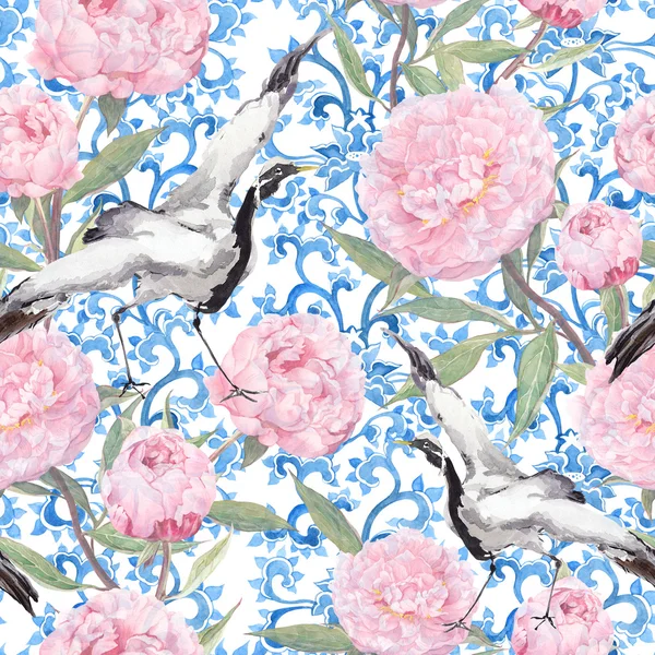 Crane birds, peony flowers. Floral repeating asian pattern. Watercolor