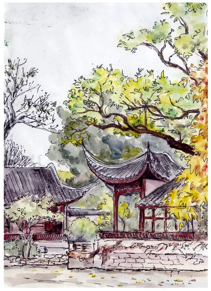 Traditional chinese garden with pagoda pavilions - hand drawing