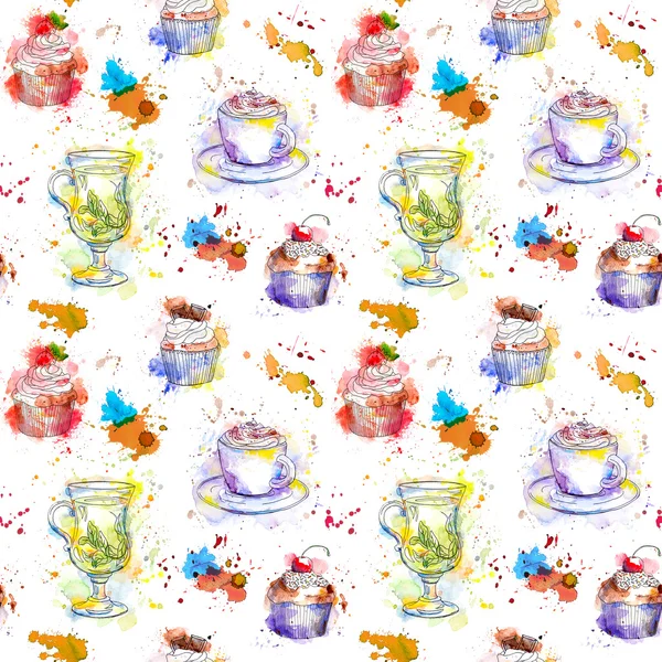 Teatime repeating pattern. Cupcake cakes, tea, coffee cup.