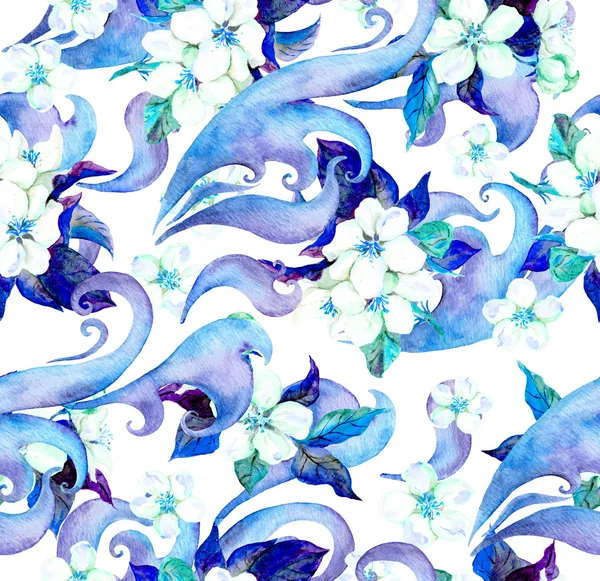 Flowers and decorative ornament. Watercolour seamless pattern