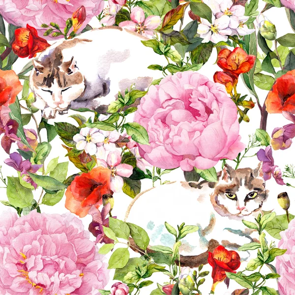 Cats sleeping in meadow grass and flowers. Vintage floral seamless pattern for fashion. Watercolor