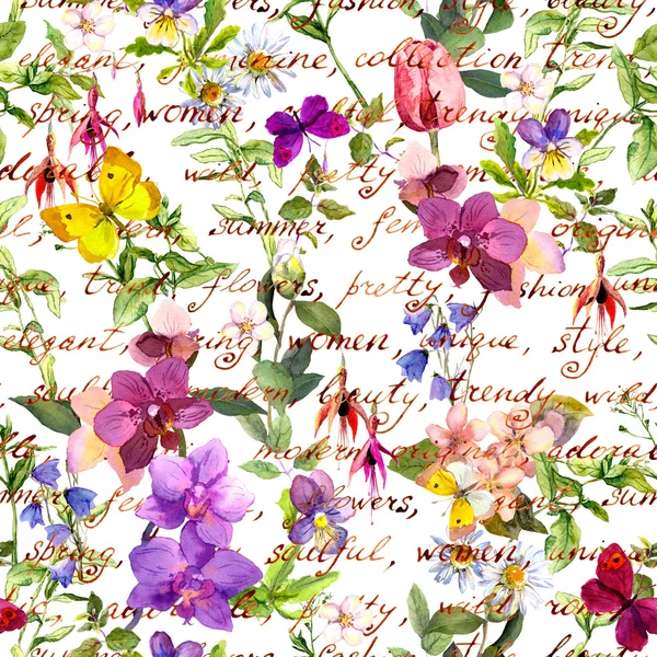 Meadow flowers and butterflies with vintage hand written text notes. Seamless floral background. Watercolor