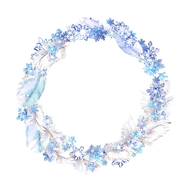 Winter wreath with snow flakes and feathers. Watercolor circle frame for fashion design