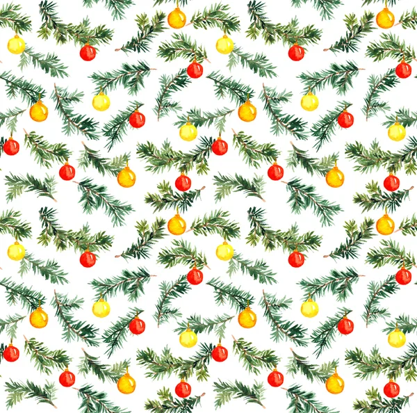 Xmas, new year decor on spruce tree branch. Watercolor pattern
