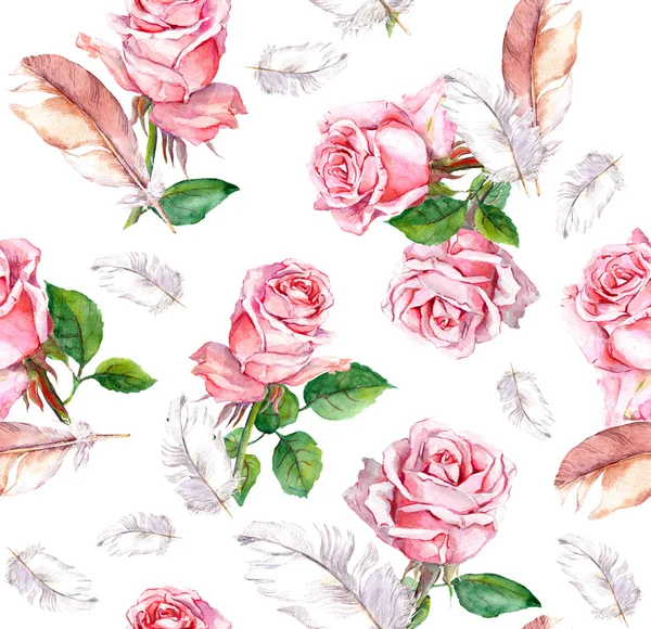 Repeating floral pattern with pink rose flowers and feathers. Watercolor