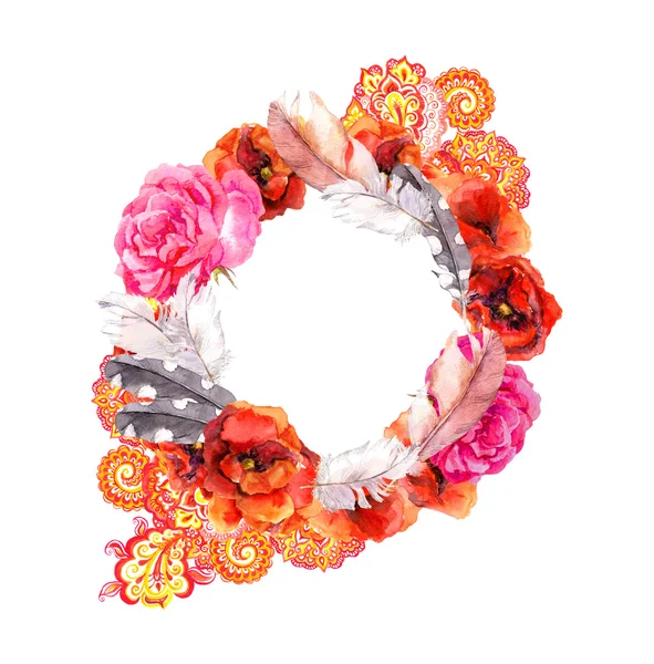 Fashion hippie style. Floral wreath with red flowers poppies, rose, feathers and eastern ornament. Watercolor