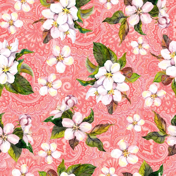 Blossom sakura flowers apple, cherry on eastern asian pink background. Floral repeating pattern. Watercolour
