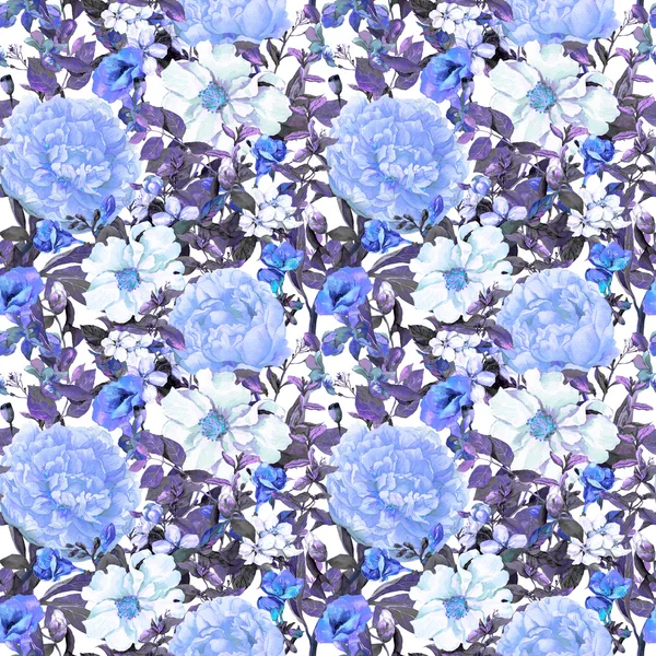 Flowers, leaves, grass. Repeating floral wallpaper in blue color for interior design. Watercolor