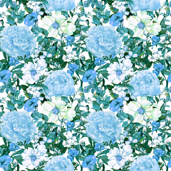Flowers, leaves, grass. Repeating floral pattern in blue color. Watercolor