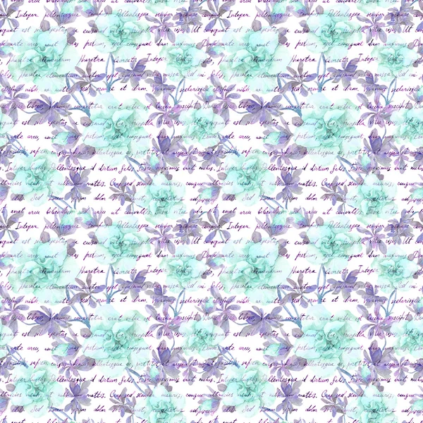 Blue flowers and hand writing text letter. Watercolour. Seamless pattern