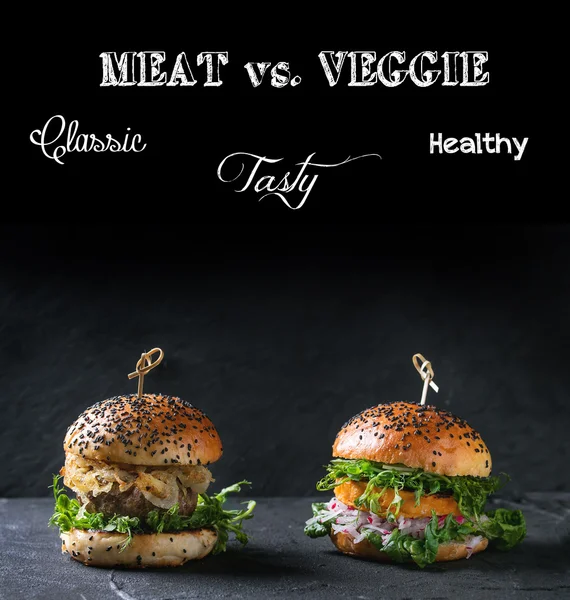 Meat and veggie burgers