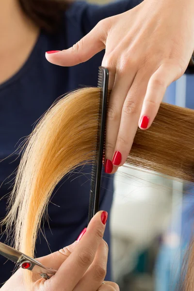 Close up view of female hairdresser hands cutting hair tips