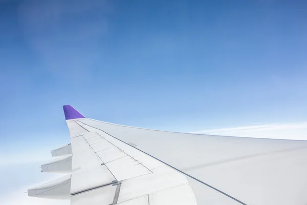 An aeroplane wing in sky