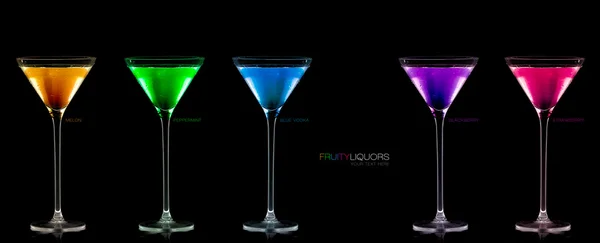 Five Stemmed Cocktail Glasses Full of Colored Liquors. Template