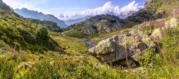 Panorama of mountain scenery with meadow, located in a river val