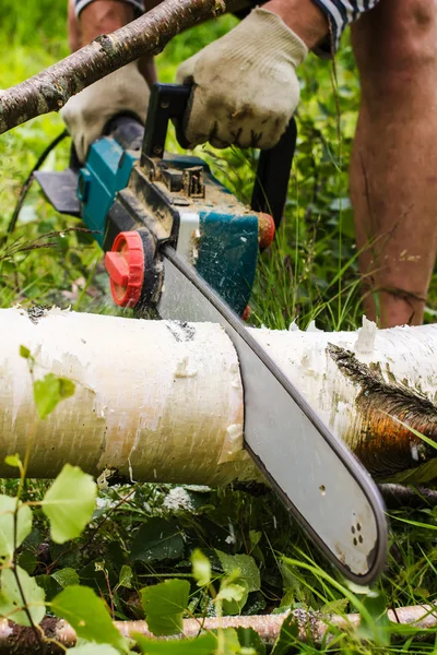 Man sawing wood, using electric chainsaws