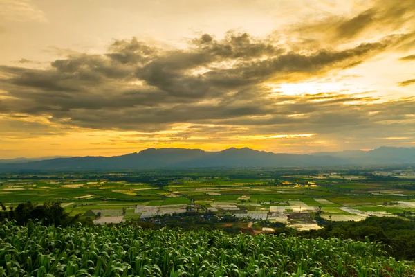 View of the sky in twilight at sunset time mountains.The sky in twilight at sunset time background over Rice fields.