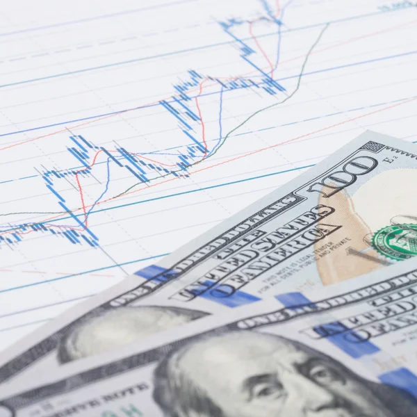 Close up studio shot of a stock market graph with hundred dollars banknote