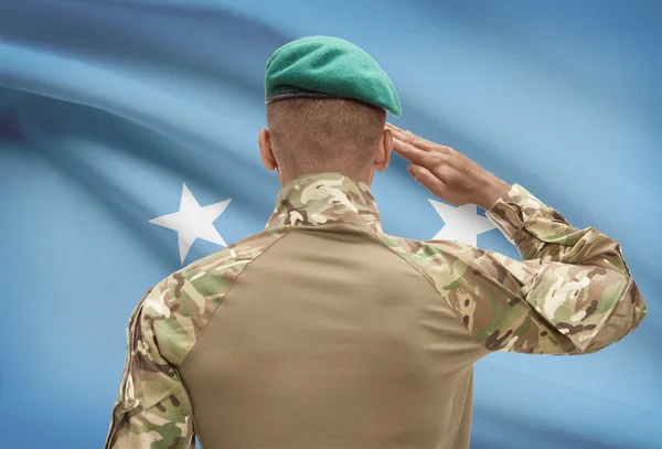 Dark-skinned soldier with flag on background - Micronesia