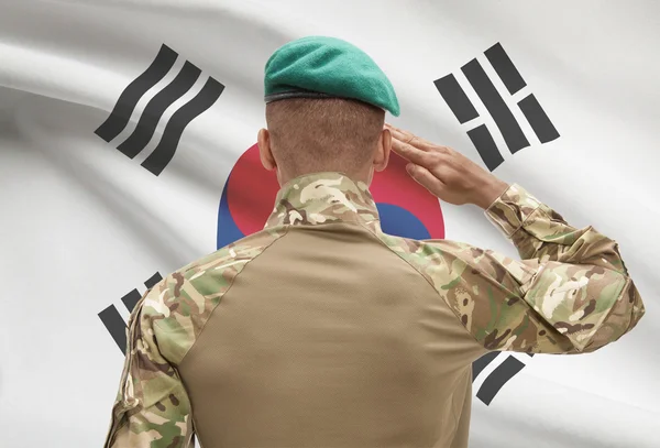 Dark-skinned soldier with flag on background - South Korea