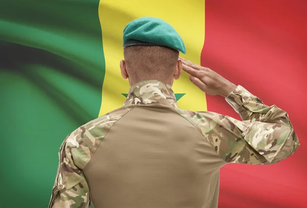 Dark-skinned soldier with flag on background - Senegal