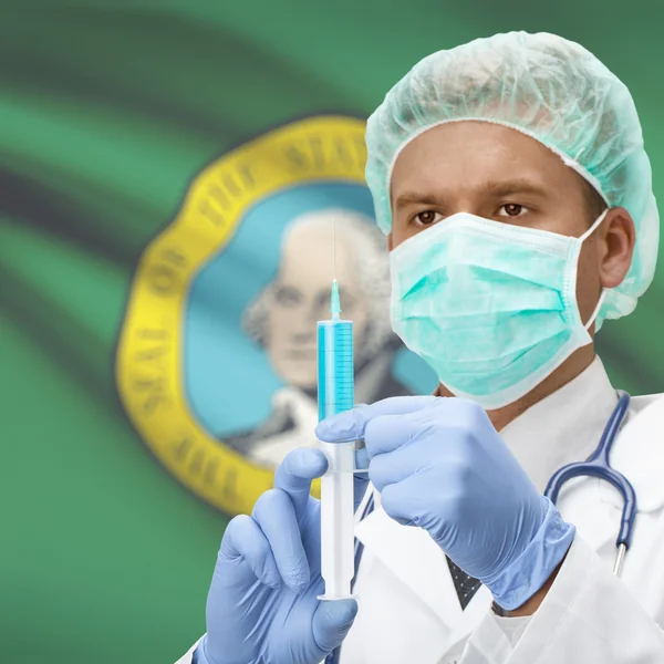 Doctor with syringe in hands and US states flags series - Washington