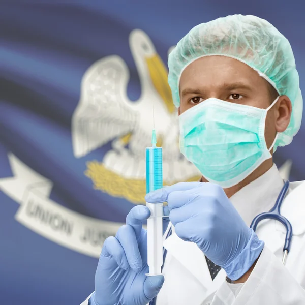 Doctor with syringe in hands and US states flags series - Louisiana