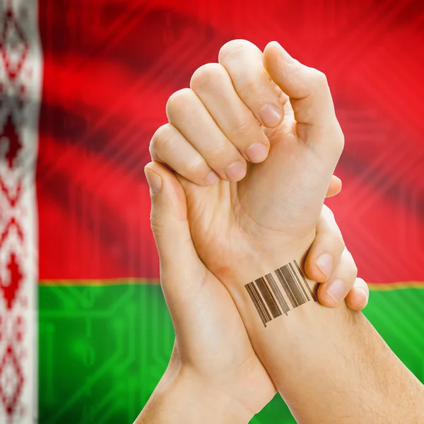 Barcode ID number on wrist and national flag on background series - Belarus