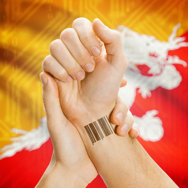 Barcode ID number on wrist and national flag on background series - Bhutan