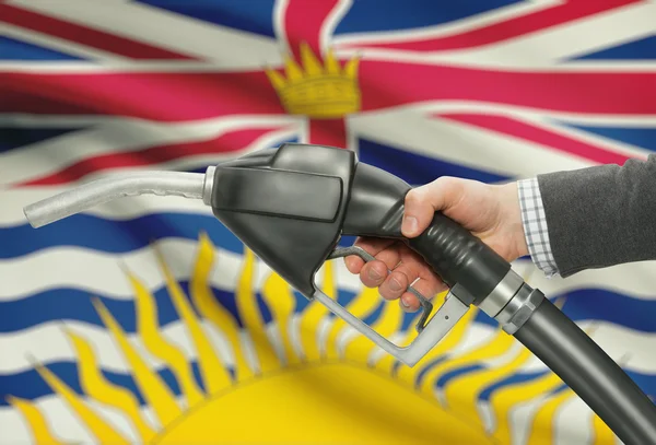 Fuel pump nozzle in hand with Canadian provinces flags on background - British Columbia