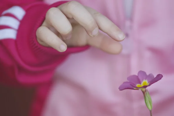 Little girl picks a flower