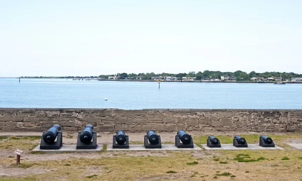 Old canons lined up in front of the bay aiming at the sea.