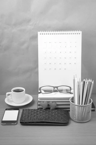 Office desk : coffee with phone,wallet,calendar,color pencil box