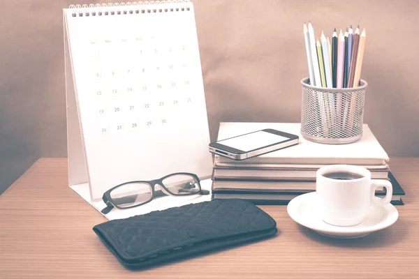 Office desk : coffee with phone,wallet,calendar,color pencil box