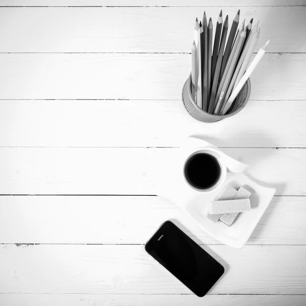 Coffee cup with wafer,phone,pencil box black and white color