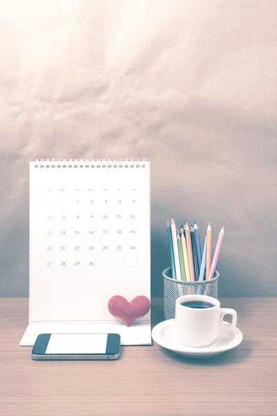 Office desk : coffee with phone,calendar,heart vintage style