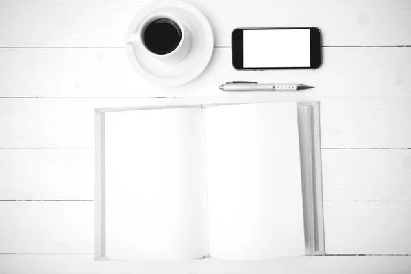 Coffee cup with phone and notebook black and white color