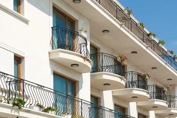 Low angle view of hotel balconies in Balchik, Varna province