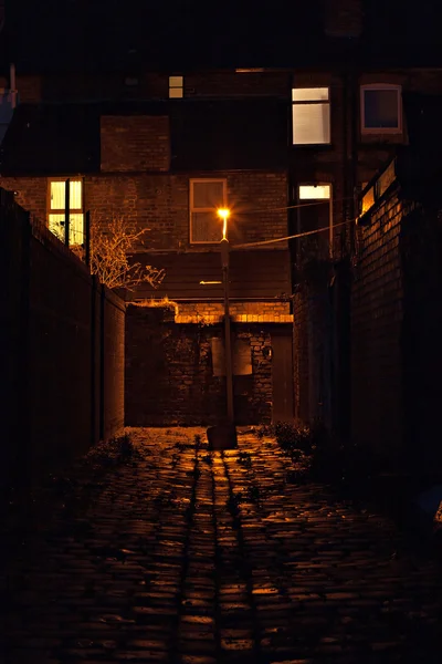 Dark inner city cobblestoned back alley with streetlight at night