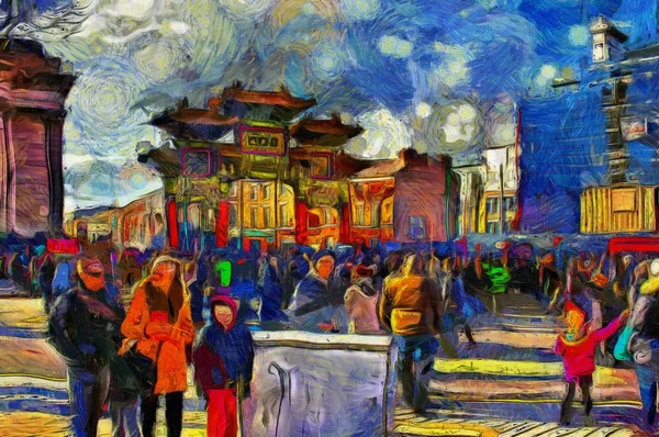 Digital painting of chinese new year festival in Liverpool UK