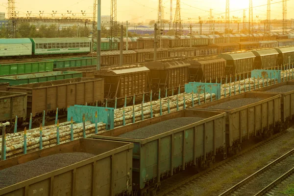 Railway cargo cars at sunset