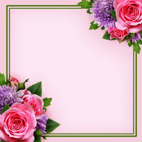 Aster and rose flowers arrangement and a frame
