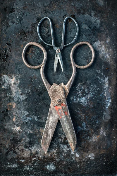 Two pairs of antique scissors on weathered rusty background