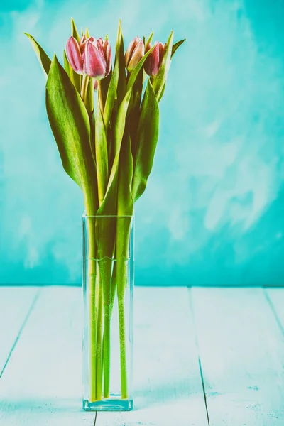 Wet Pink Tulip Flowers In Vase