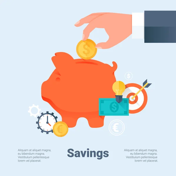 Piggy Bank with Hand and Coin. Saving Money and Investment Business Concept. Flat Style with Long Shadows. Material Design. Vector Illustration.