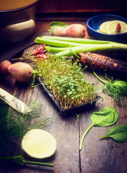 Fresh sprouts on rustic kitchen table