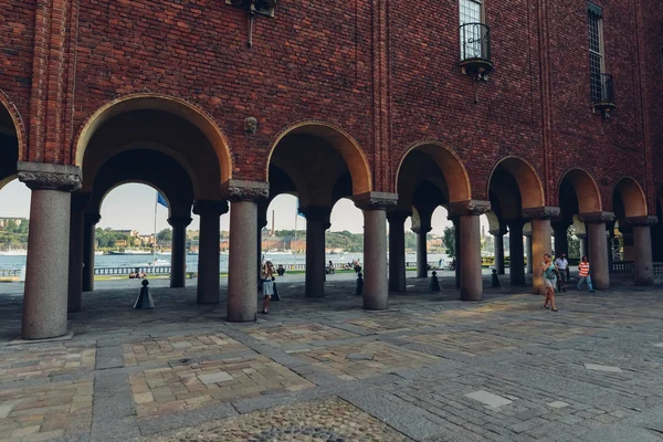 STOCKHOLM, SWEDEN - CIRCA JULY 2014: arches of the City Hall at lake Malaren in Stockholm, Sweden circa July 2014.