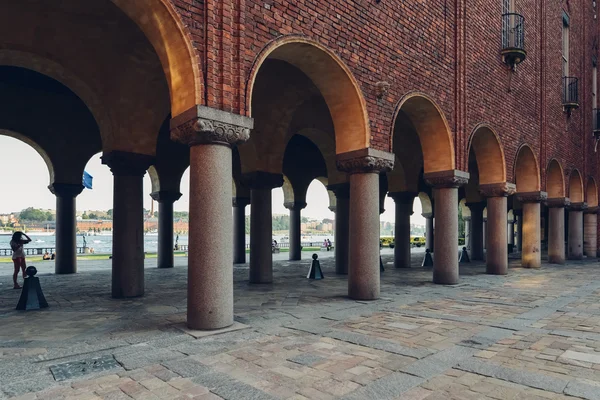 STOCKHOLM, SWEDEN - CIRCA JULY 2014: arches of the City Hall at lake Malaren in Stockholm, Sweden circa July 2014.