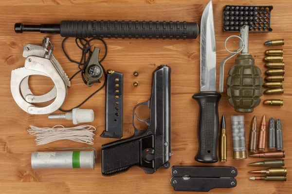 Weapons and Equipment secret agent. Preparing for a secret mission. Equipment terrorists.