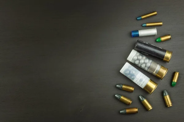 New shotgun shells, various types and caliber, isolated on white background. Sales of sporting ammunition. Advertising for the sale of ammunition.